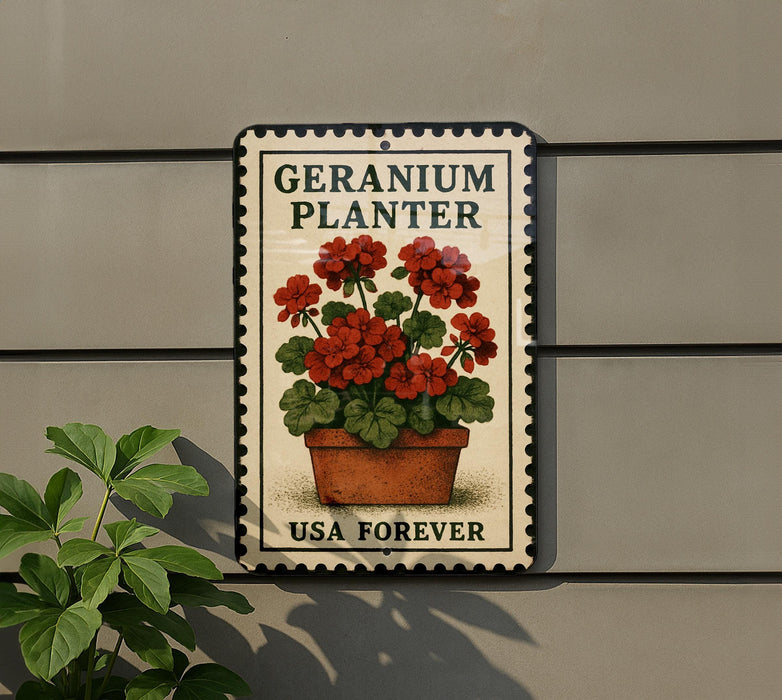 A metal sign with a floral design and text, mounted on a wall next to a plant.