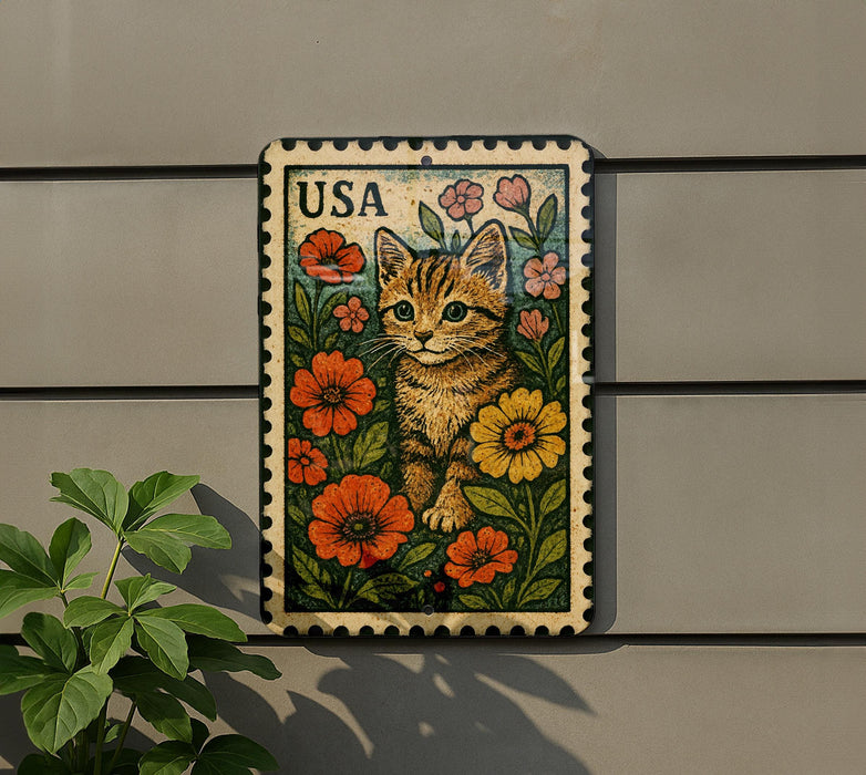 A colorful postage stamp featuring a cat surrounded by flowers, with the word "USA" printed on it.