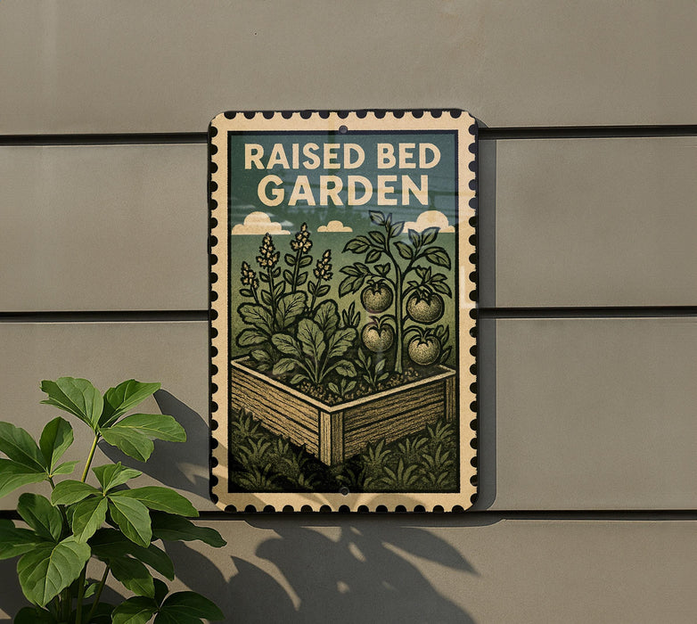 a raised bed garden sign with a plant illustration, mounted on a wall next to a plant.
