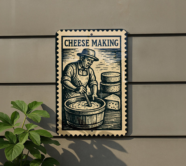 a sign that reads "Cheese Making" with an illustration of a person making cheese.
