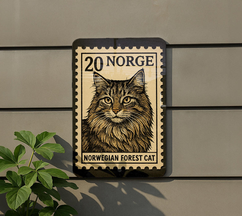 A wooden post with a postage stamp-like design featuring a cat's face, mounted on a wall next to a plant.