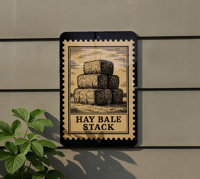 a sign with the text "HAY BALE STACK" and an illustration of hay bales stacked on top of each other.