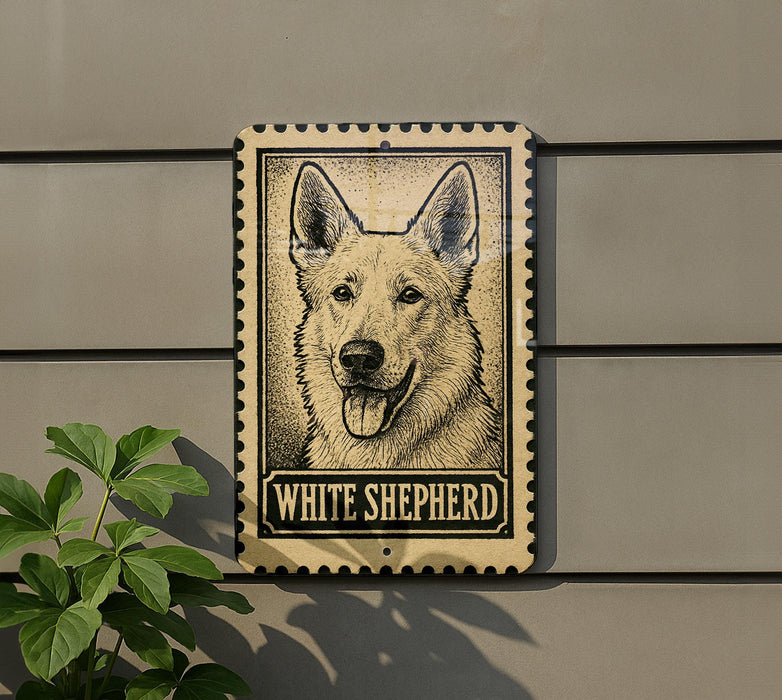 A sign featuring a close-up of a white shepherd dog's face, with the text "WHITE SHEPHERD" below the image.