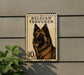 A postage stamp featuring a close-up of a brown and black German shepherd dog.