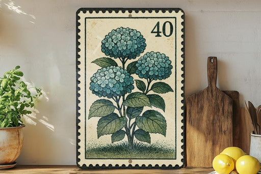 A framed illustration of three blue hydrangea flowers is displayed on a shelf, accompanied by a wooden cutting board and a potted plant.