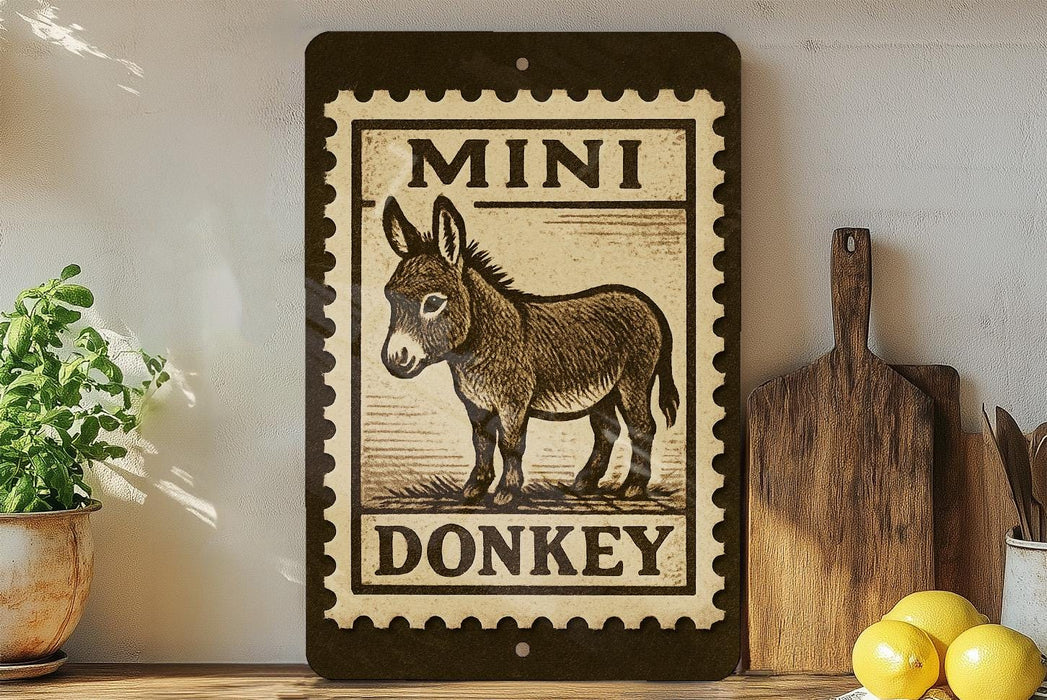 a wooden sign with a donkey illustration, placed on a shelf next to a wooden cutting board and some lemons.