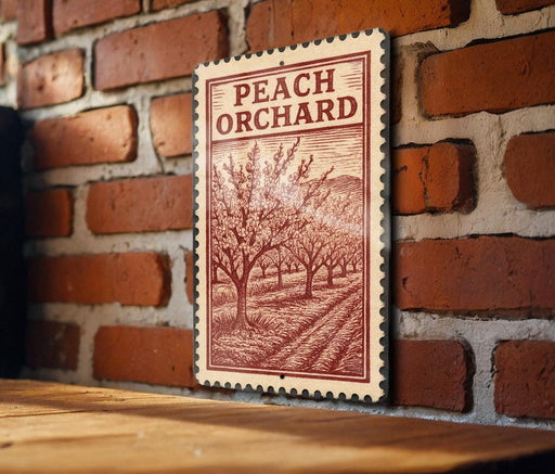 A wooden table with a wooden border, and a framed image of a peach orchard on the wall.