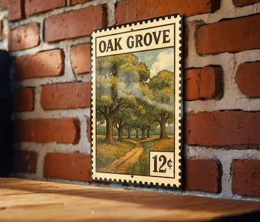 A vintage-style metal sign with a painting of a tree-lined path hangs on a brick wall.