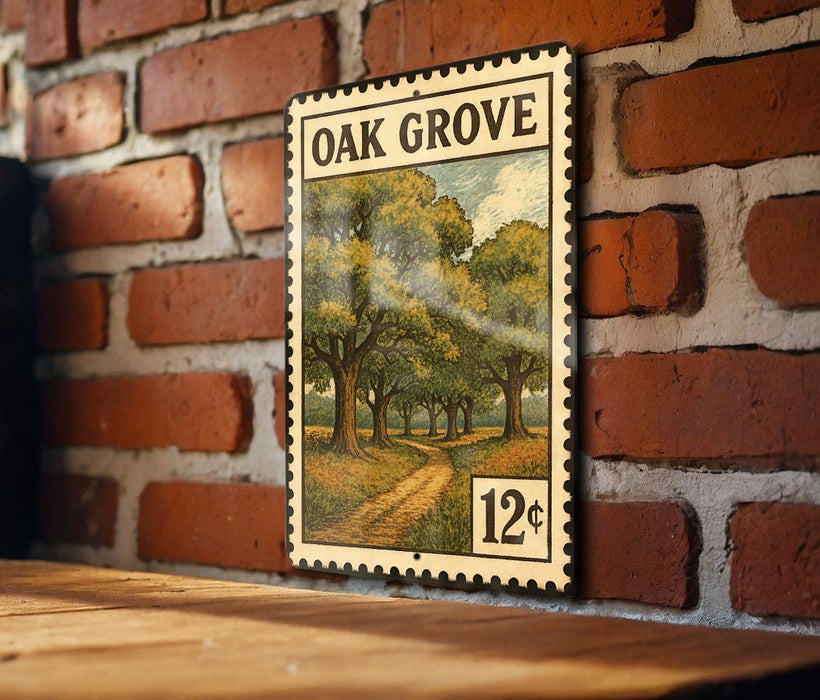 A vintage-style metal sign with a painting of a tree-lined path hangs on a brick wall.