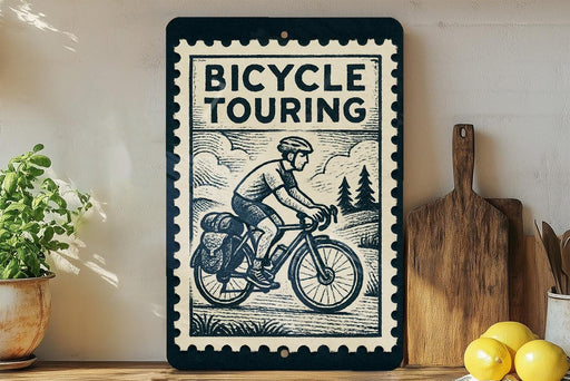 a bicycle touring sign with a black and white illustration of a person riding a bicycle, placed on a wooden surface next to a wooden cutting board and some lemons.
