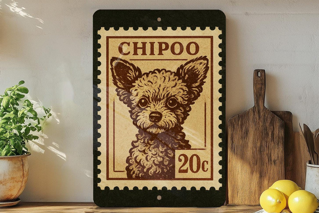 a small, wooden-framed picture of a dog, which appears to be a postage stamp. The stamp is placed on a shelf next to a wooden cutting board and a potted plant.