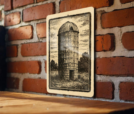 A black and white illustration of a tall cylindrical structure, resembling a barn or silo, is mounted on a brick wall.