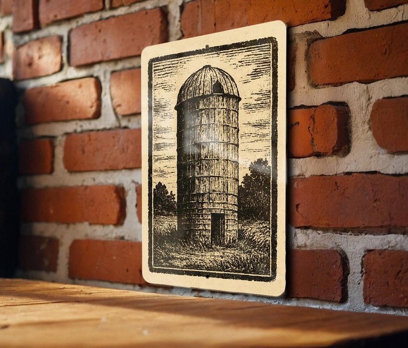 A black and white illustration of a tall cylindrical structure, resembling a barn or silo, is mounted on a brick wall.