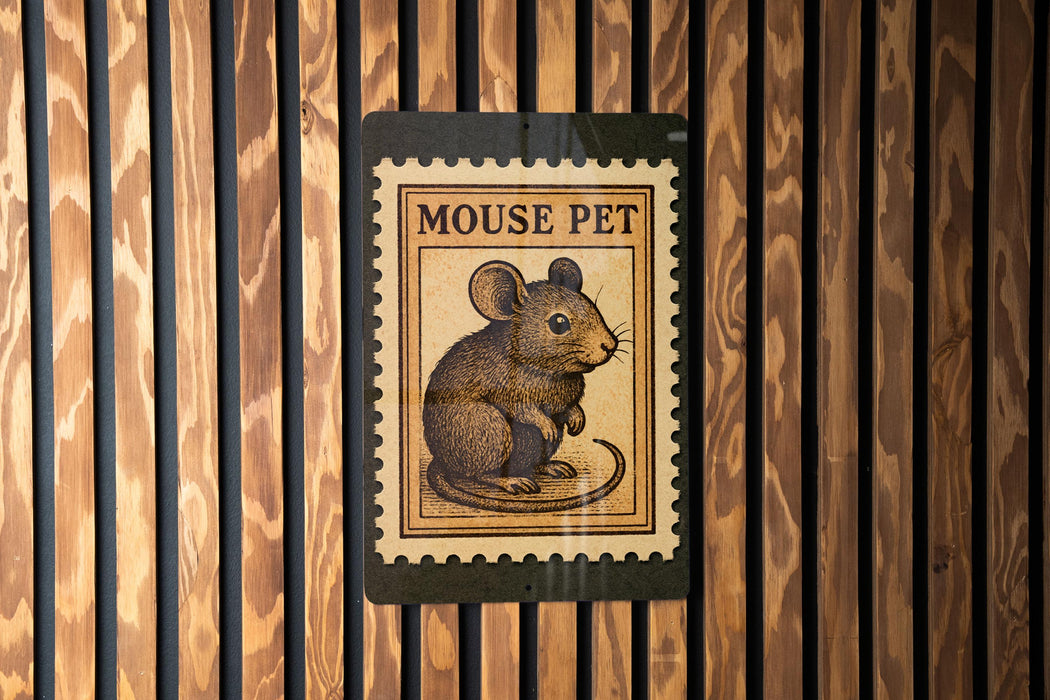 A wooden wall with a framed image of a mouse, which appears to be a postage stamp or a decorative piece.