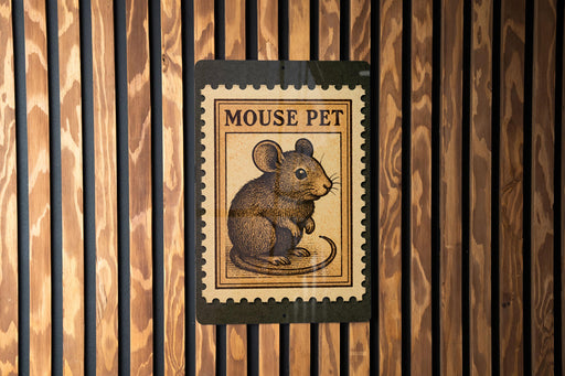 A wooden wall with a framed image of a mouse, which appears to be a postage stamp or a decorative piece.