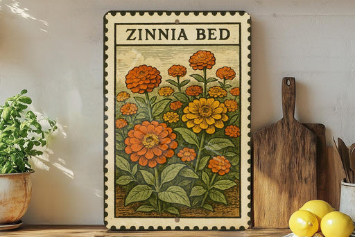 A vintage-style metal sign with a floral illustration of a garden bed, featuring a variety of orange and yellow flowers, is displayed on a shelf next to a wooden cutting board and a potted plant.