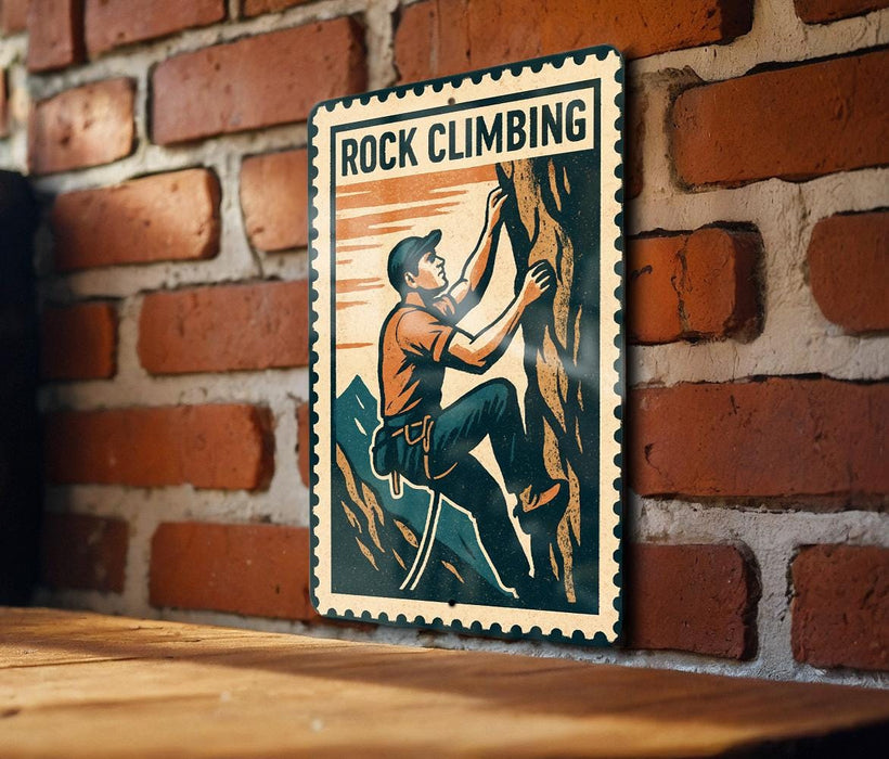 A vintage-style metal sign with the text "ROCK CLIMBING" and an illustration of a person climbing a rock.