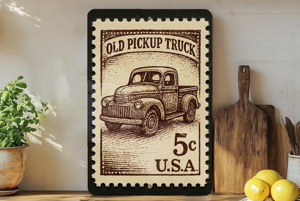a framed stamp-like artwork depicting an old pickup truck, placed on a shelf next to a wooden cutting board and some lemons.
