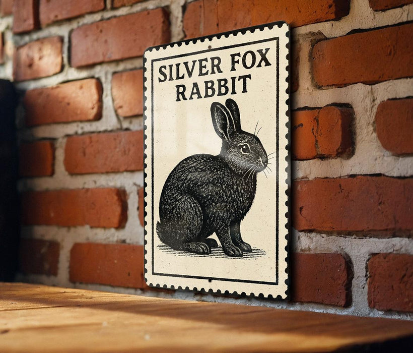 A sign with the text "SILVER FOX RABBIT" and an illustration of a rabbit is mounted on a brick wall.