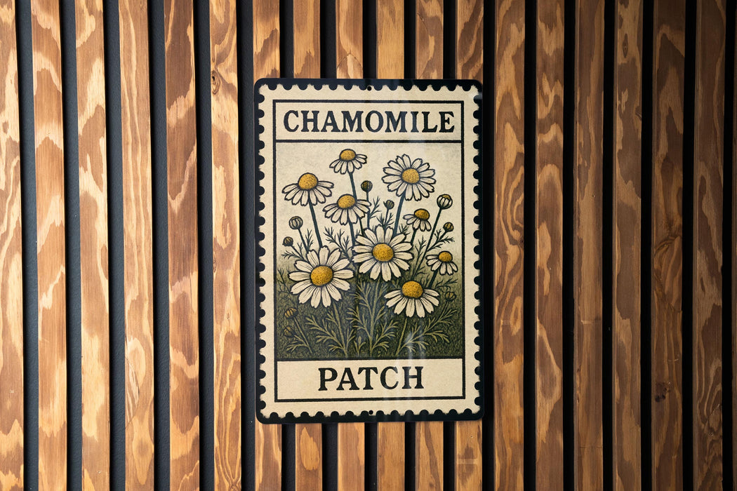 A framed image of a chamomile flower patch is displayed on a wooden wall.