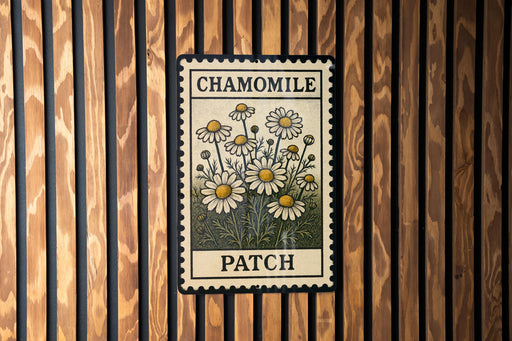 A framed image of a chamomile flower patch is displayed on a wooden wall.