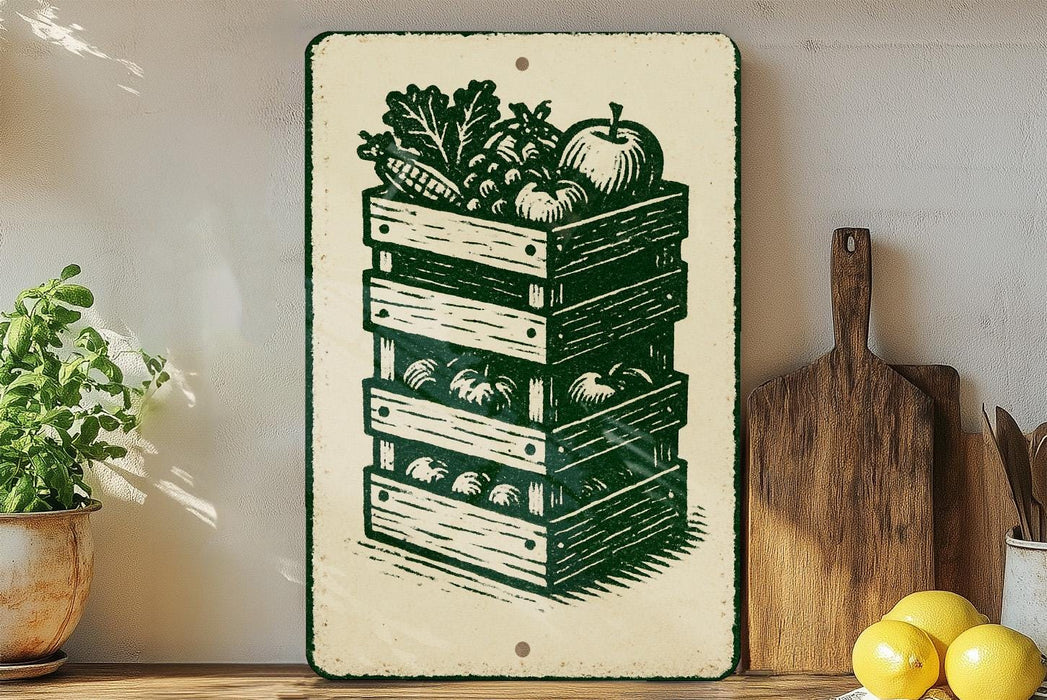 a wooden crate with a stack of green crates on top, containing various fruits and vegetables, such as apples and oranges. The crate is placed on a wooden surface, and there are some potted plants and kitchen utensils visible in the background.
