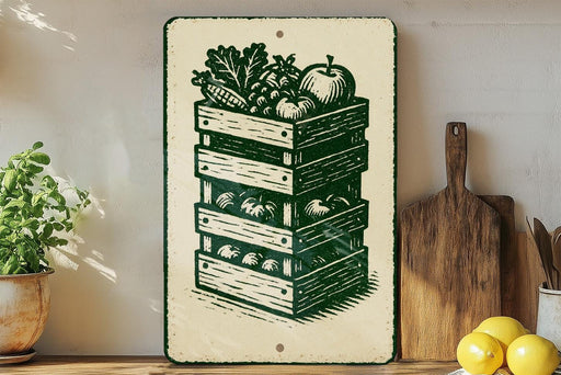 a wooden crate with a stack of green crates on top, containing various fruits and vegetables, such as apples and oranges. The crate is placed on a wooden surface, and there are some potted plants and kitchen utensils visible in the background.