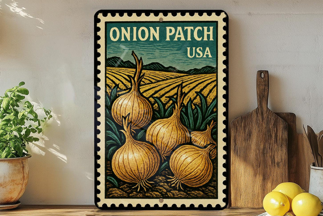 A framed illustration of onions growing in a field, with a vintage-style border, is displayed on a shelf next to a wooden cutting board and a potted plant.