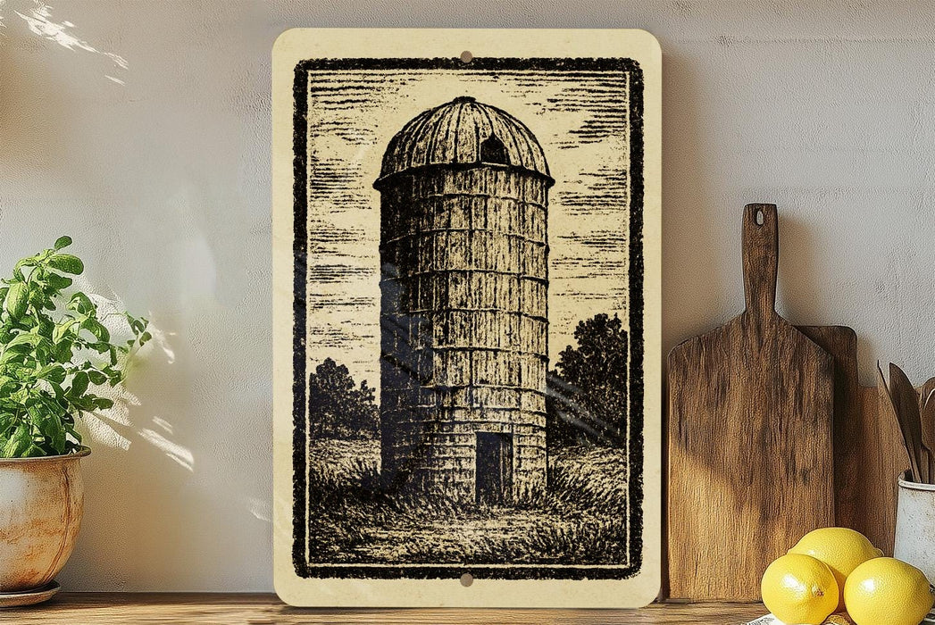 a wooden grainy illustration of a tall cylindrical structure, possibly a barn or silo, set against a rural landscape with trees and grass.