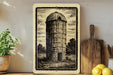 a wooden grainy illustration of a tall cylindrical structure, possibly a barn or silo, set against a rural landscape with trees and grass.