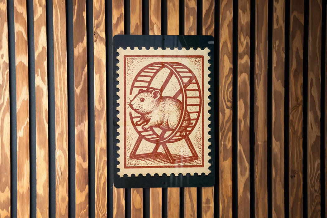 A stamp-like image of a hamster running on a wheel is displayed against a wooden background.
