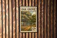A vintage-style postage stamp featuring a scenic landscape with a path and trees, mounted on a wooden wall.