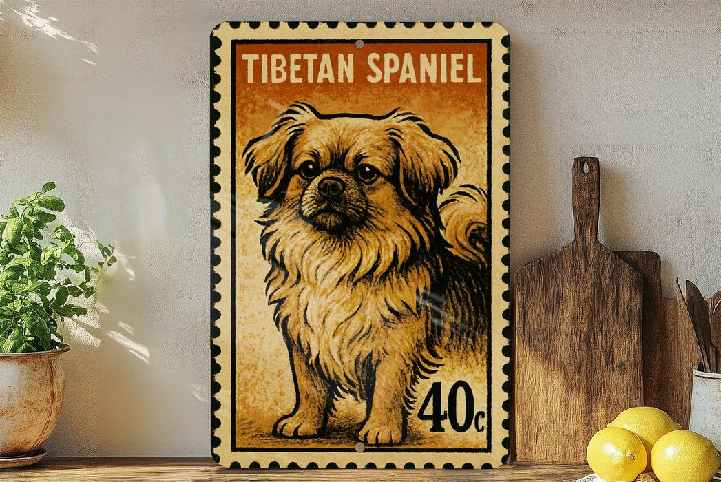A framed illustration of a Tibetan Spaniel dog, with a price tag of 40 cents, is displayed on a wall next to a wooden cutting board and a potted plant.