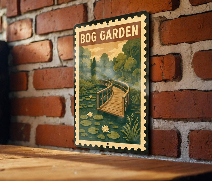 A vintage-style metal sign with a curved wooden bridge and lily pads, mounted on a brick wall.