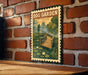 A vintage-style metal sign with a curved wooden bridge and lily pads, mounted on a brick wall.