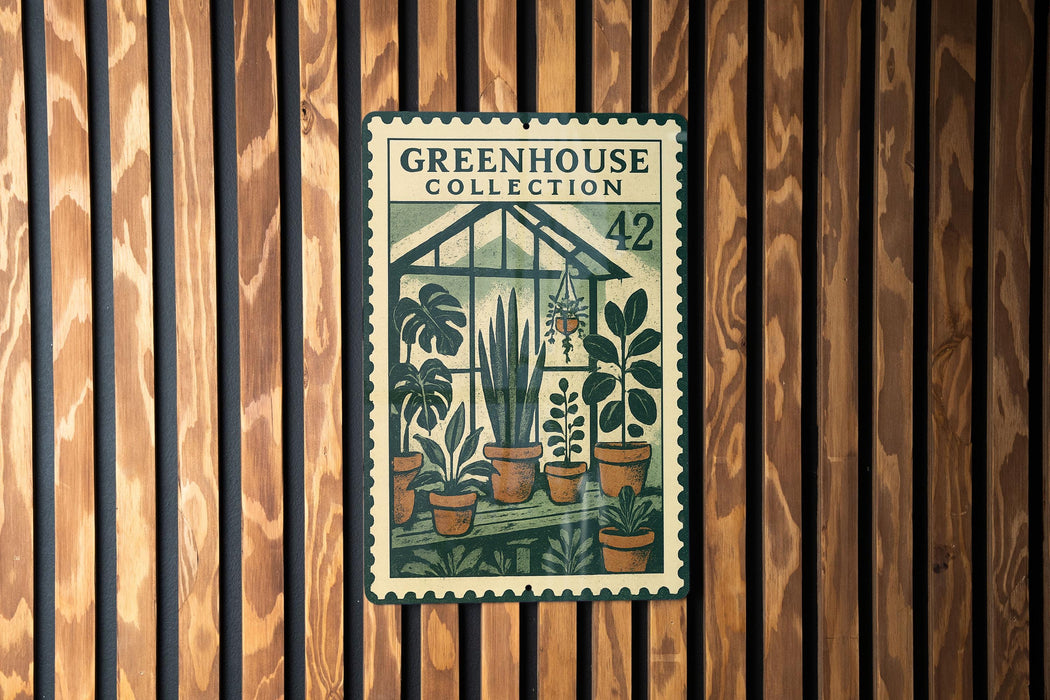 A vintage-style stamp or label with the text "GREENHOUSE COLLECTION" and the number "42" on it, hanging on a wooden wall.