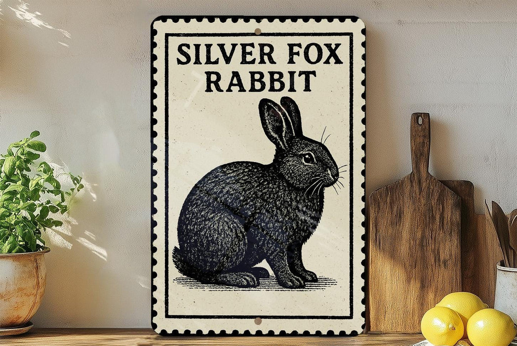 A sign featuring a silver fox rabbit illustration is displayed on a shelf next to a wooden cutting board and a potted plant.