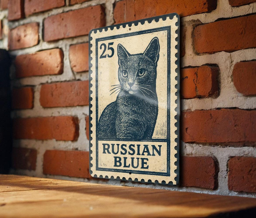 A metal sign featuring a black and white illustration of a cat, mounted on a brick wall.