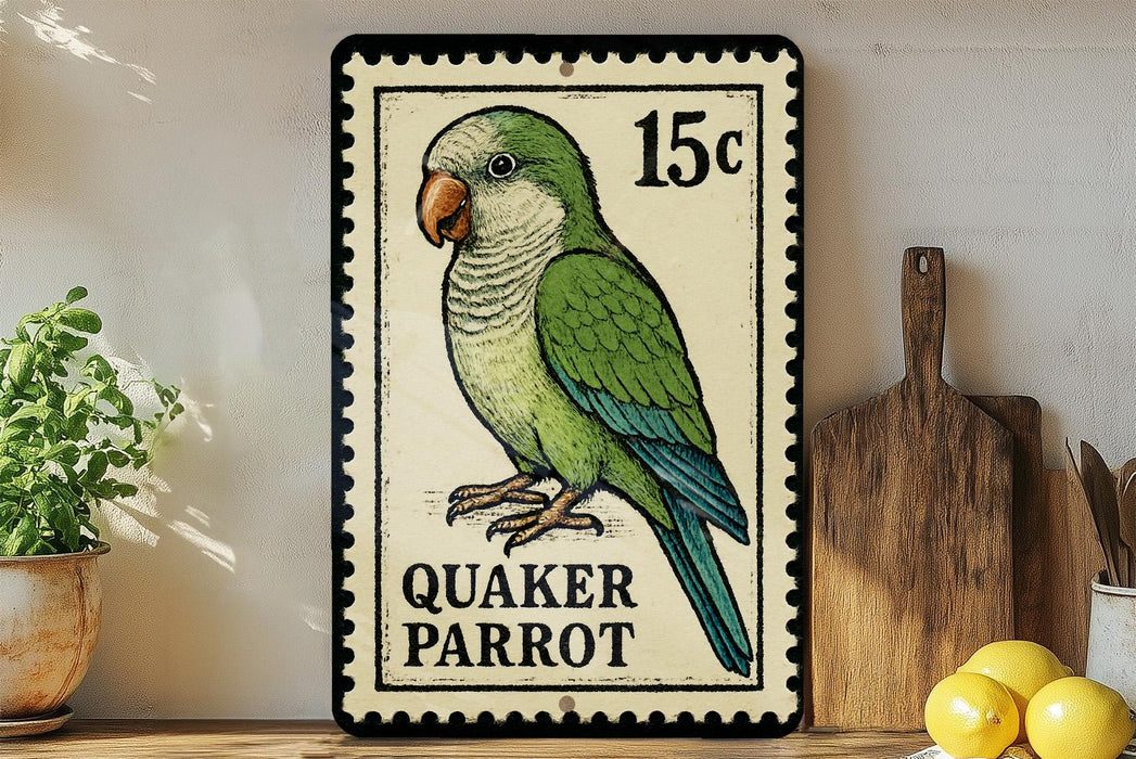 A postage stamp featuring a Quaker Parrot, with a price of 15 cents, is displayed on a shelf next to a wooden cutting board and some lemons.