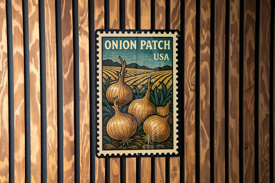 A vintage-style postage stamp featuring an illustration of onions growing in a field, with the text "Onion Patch USA" printed on it.