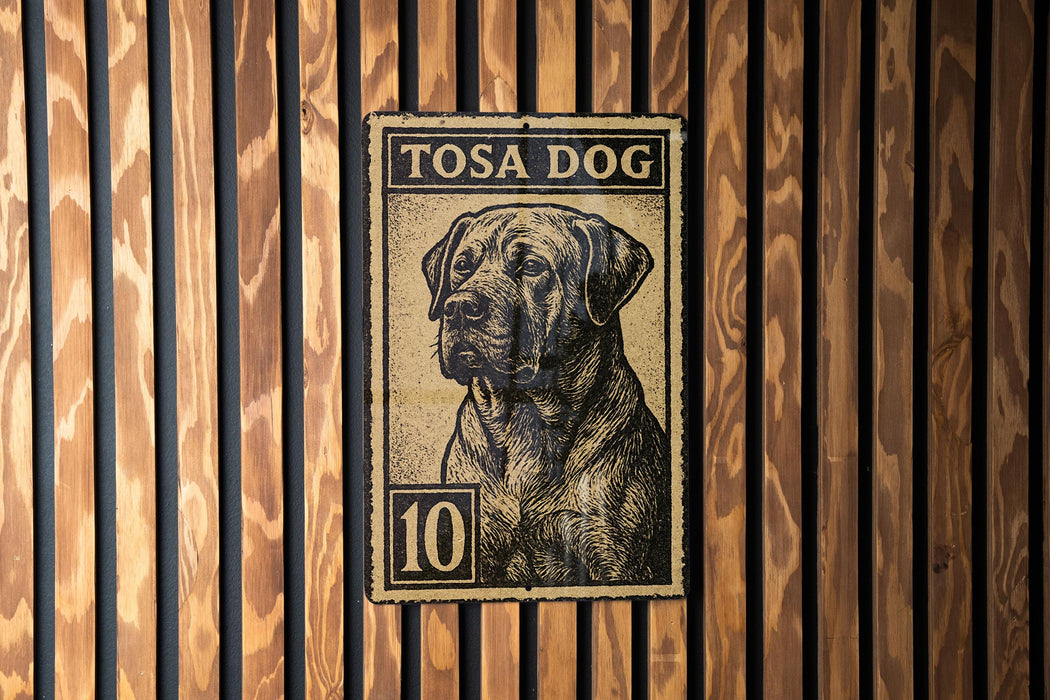 A metal stamp with a dog on it, mounted on a wooden wall.