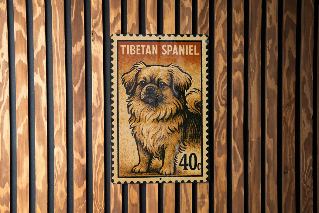 A postage stamp featuring a Tibetan Spaniel dog, with the text "TIBETAN SPANIEL" and "40c" printed on it.
