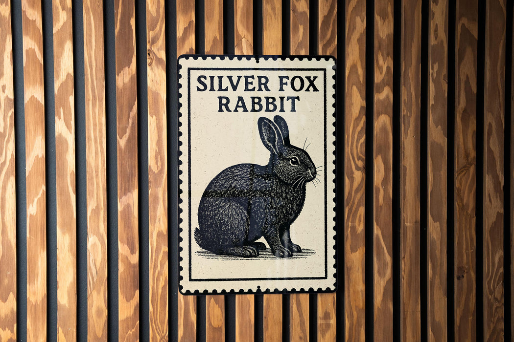 A silver fox rabbit illustration is displayed on a wooden wall.