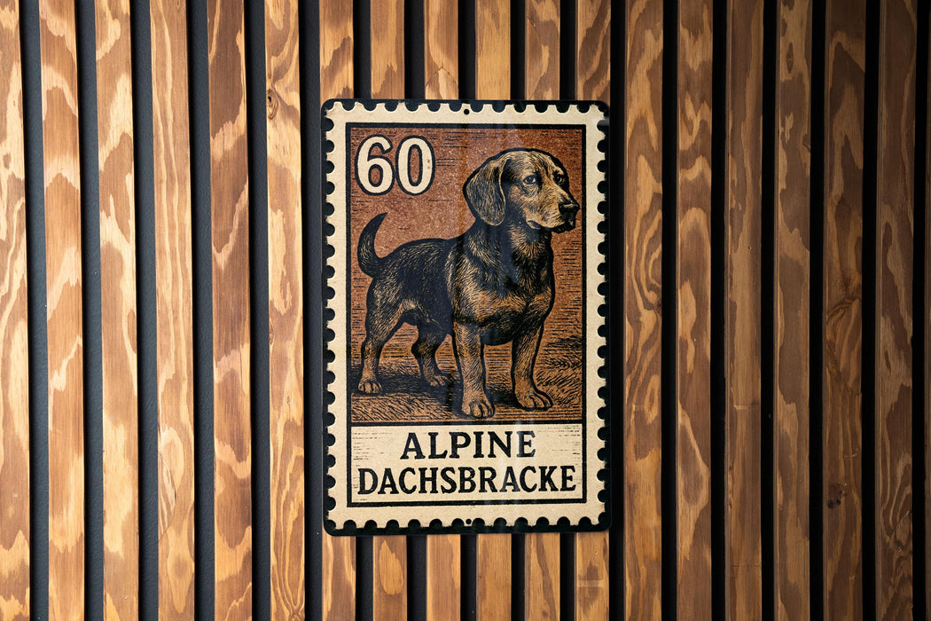 A postage stamp featuring an illustration of a dachshund dog, with the text "ALPINE DACHBRACKE" printed on it.