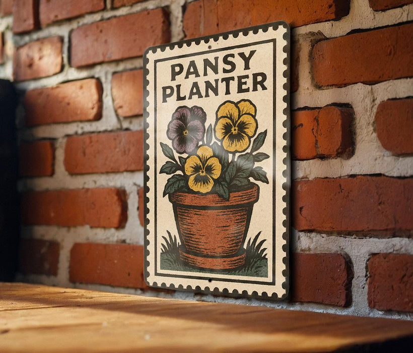 A vintage-style sign with the text "PANSY PLANTER" and an illustration of a potted plant with yellow and purple flowers.