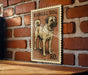 A wooden table with a wooden border, and a framed image of a kangaroo dog on the wall.