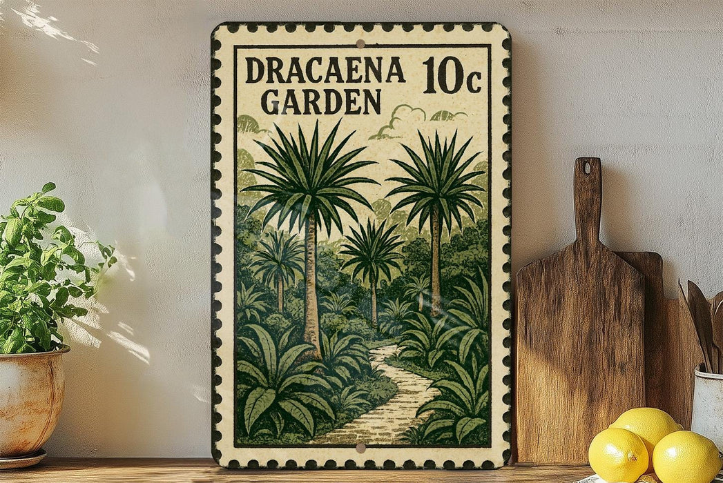 A framed illustration of a tropical garden with palm trees and lush greenery, featuring a path leading through the scene.