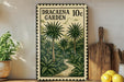 A framed illustration of a tropical garden with palm trees and lush greenery, featuring a path leading through the scene.