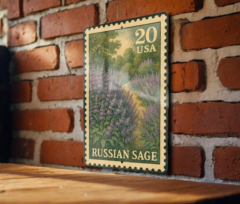 A 20 US dollar postage stamp featuring a Russian sage plant is displayed on a brick wall.