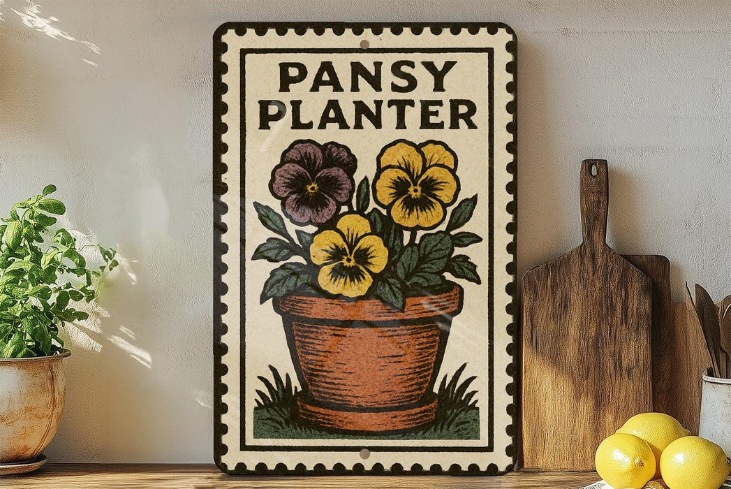 A framed sign with a potted plant and yellow and purple flowers, placed on a wooden shelf next to a wooden cutting board and a potted plant.